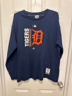 Majestic Navy Detroit Tigers Long Sleeve Tee with Orange Logo